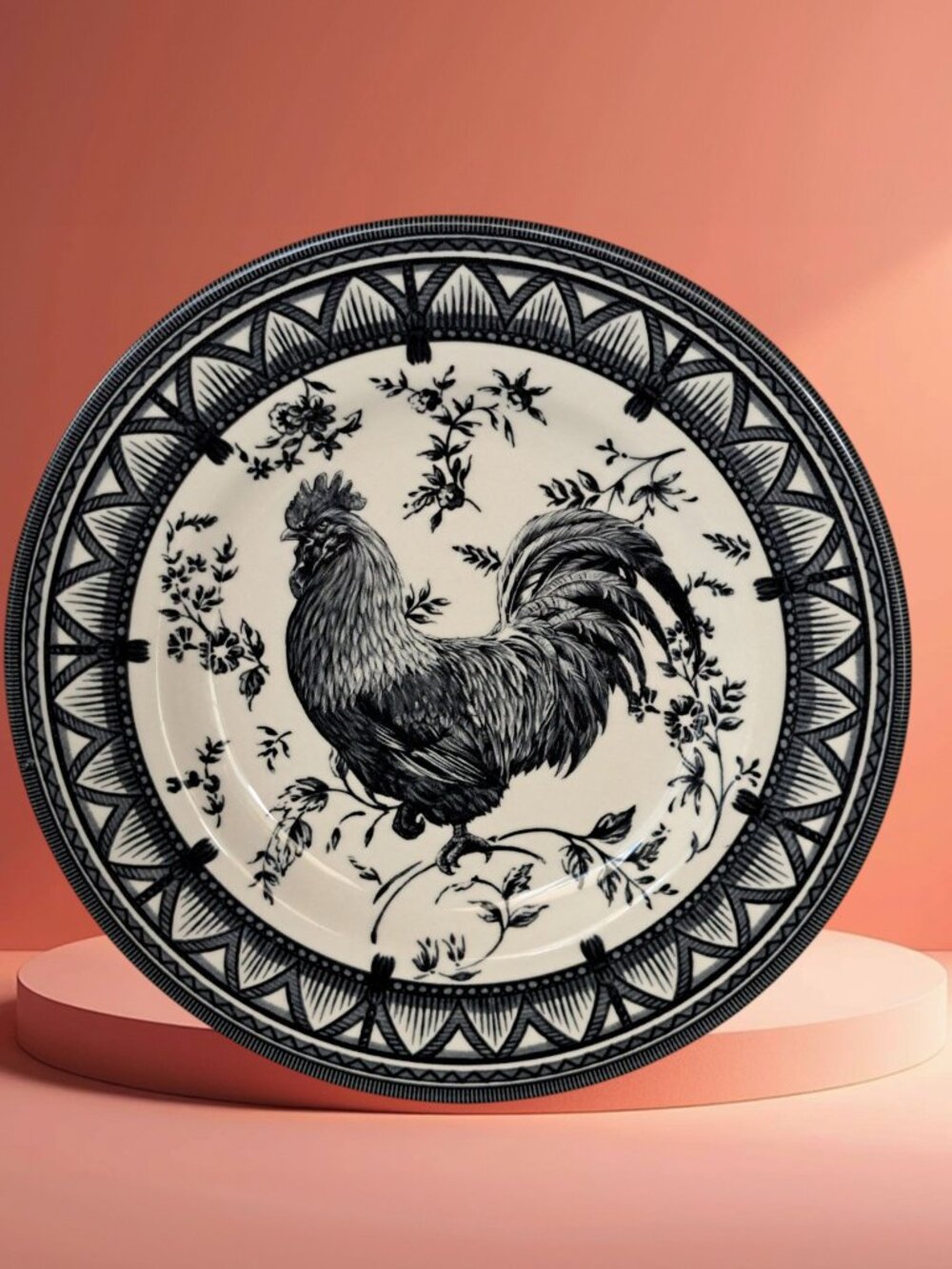Churchill Black Rooster 8.5" Salad Plates Toile Floral Tassel Country Cottage - Picture 10 of 15